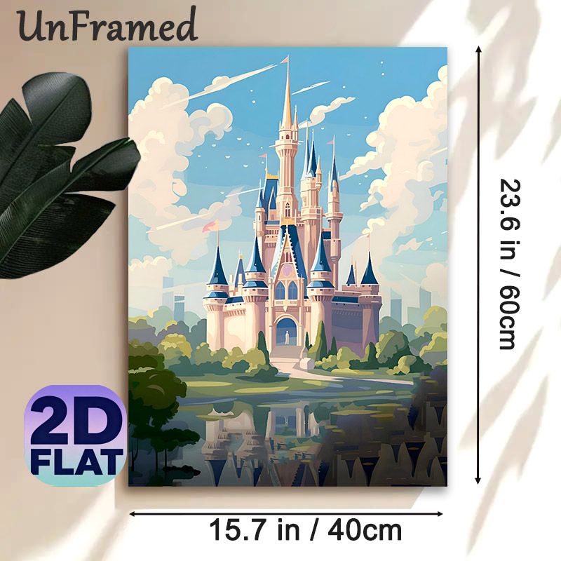Fairytale Castle Painting Poster, Dreamy Soft-toned Whimsical Castle With Lake Reflection Poster, Magical Scenic Design Brings Gentle Ambiance For_maomaolike.com
