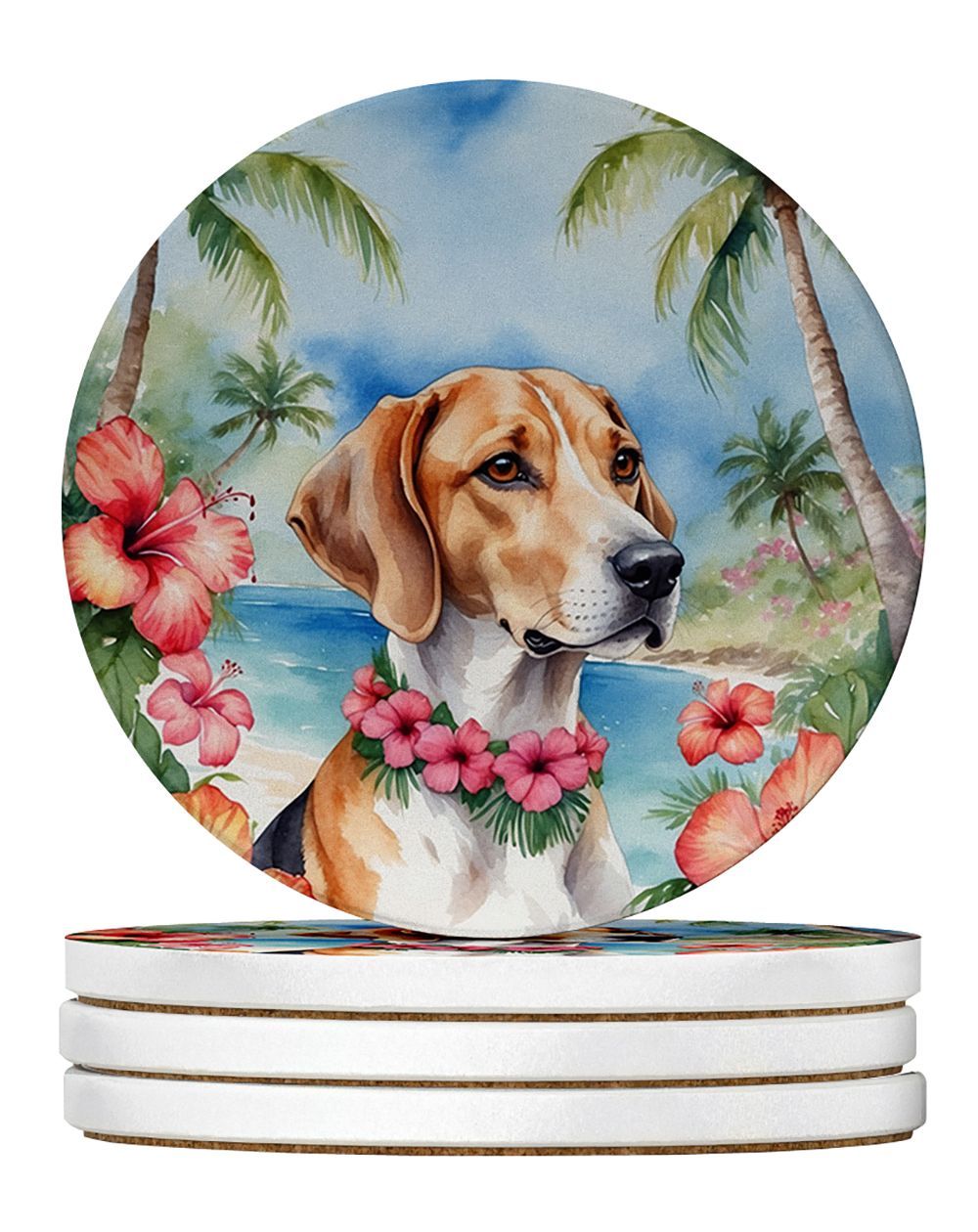 English Foxhound Luau Large Sandstone Coasters Pack Of 4 Absorbent Round Coasters Decor Gifts For Men Or Women, 4 In, Multicolor_maomaolike.com