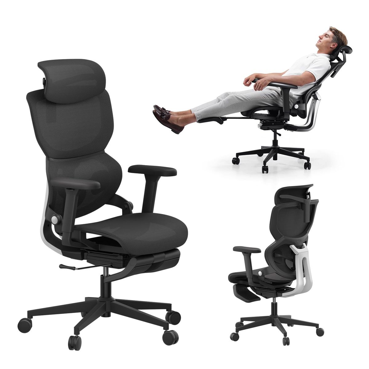 Q3-MT Ergonomic Office Chair With Footrest Home Office Ergonomic Chair With Soft Rubber Lumbar Support Extra Large 2D Headrest & 3D Armrest 140° Tilting Mesh Computer Chair_maomaolike.com
