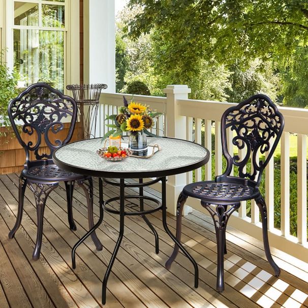 32 Inch Patio Tempered Glass Steel Frame Round Table With Convenient Umbrella Hole_maomaolike.com