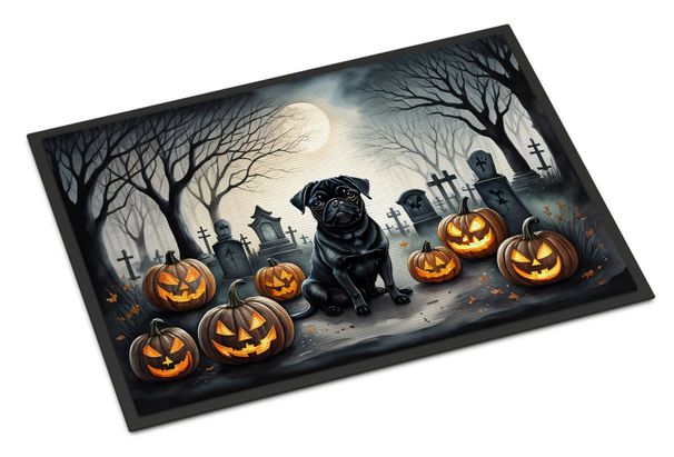 Black Pug Spooky Halloween Doormat Front Door Mat Indoor Outdoor Rugs For Entryway, Non Slip Washable Low Pile, 24H X 36W_maomaolike.com