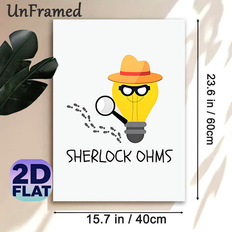 Sherlock Ohms Detective Lightbulb Painting Poster, Whimsical Cartoon Style Poster, Fun Electrical Pun Decor Ideal For Home Office, Living Room_maomaolike.com