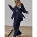 Women's Clothing long sleeved temperament commuter skin color linen solid color slit long shirt and wide leg pants set_maomaolike.com