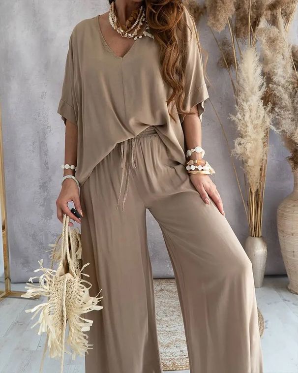 Women's Clothing V neck bat sleeve top casual pants set_maomaolike.com