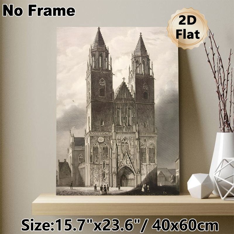 Gothic Cathedral Painting Poster, Vintage Monochrome Engraved Cathedral Scene Poster, Classic Architectural Artwork Ideal For Living Room, Study And_maomaolike.com