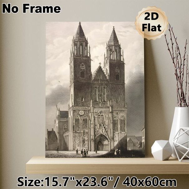 Gothic Cathedral Painting Poster, Vintage Monochrome Engraved Cathedral Scene Poster, Classic Architectural Artwork Ideal For Living Room, Study And_maomaolike.com