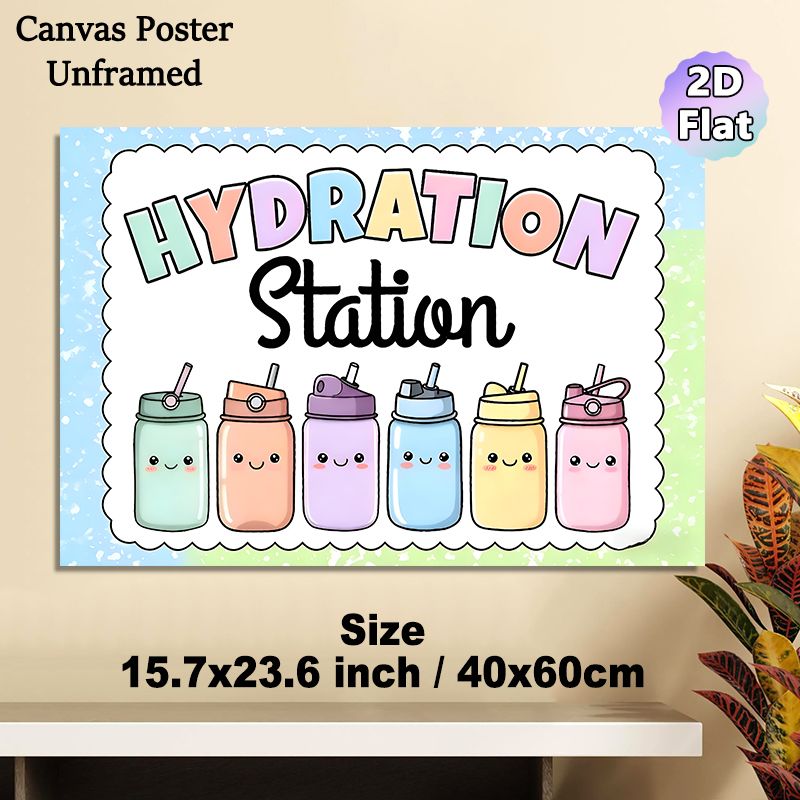 Hydration Station Painting Poster, Pastel-colored Cute Cartoon Water Bottles Poster, Gentle Reminder To Stay Hydrated, Ideal For Office, Break Room_maomaolike.com