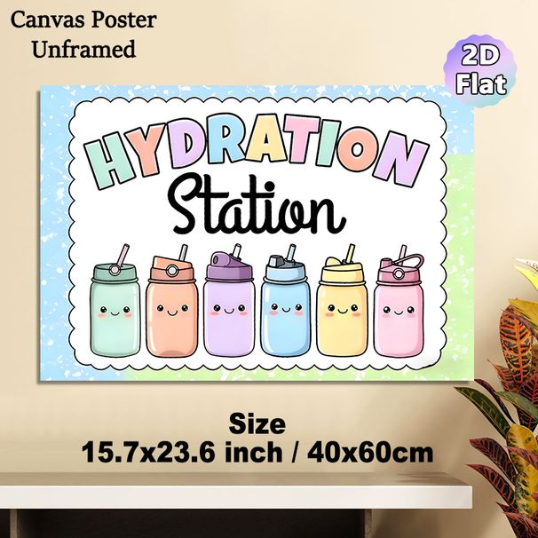 Hydration Station Painting Poster, Pastel-colored Cute Cartoon Water Bottles Poster, Gentle Reminder To Stay Hydrated, Ideal For Office, Break Room_maomaolike.com
