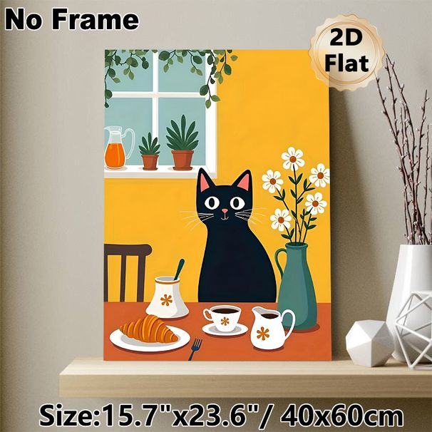 Black Cat & Breakfast Themed Painting Poster, Warm Cute Cartoon Style Poster, Cozy Daily Scene Design Ideal For Kitchen, Dining Room Decor_maomaolike.com