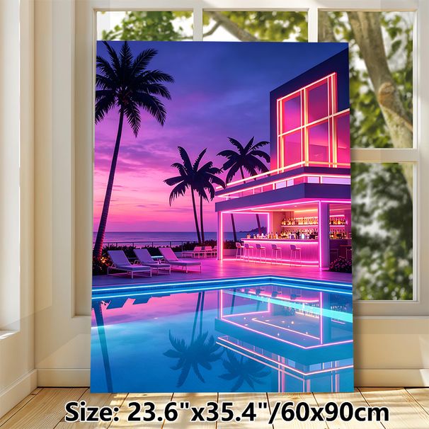 Neon Beachside Pool Bar Painting Poster, Vibrant Synthwave-style Coastal Resort Poster, Eye-catching Neon-lit Scene With Sunset Reflections & Palm_maomaolike.com