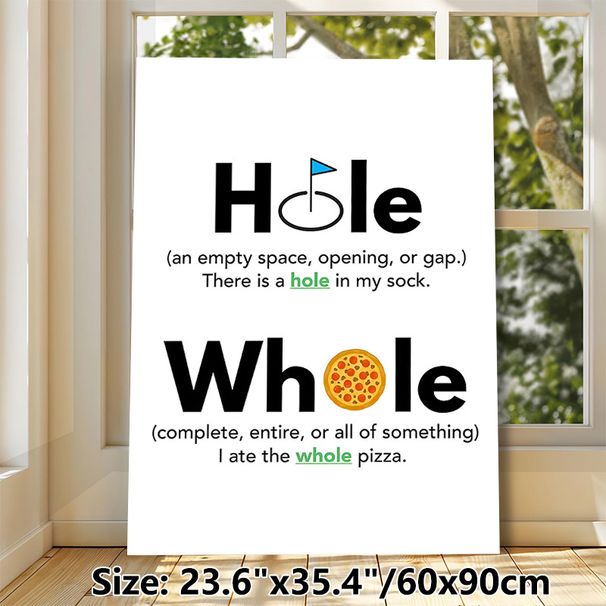 Homophone "Hole & Whole" Educational Painting Poster, Clear Minimalist Typographic & Illustrative Poster, Aids In Distinguishing Confusing Homophones_maomaolike.com