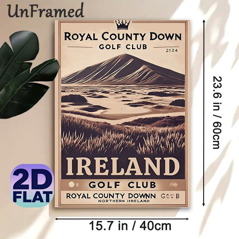 Royal County Down Golf Club Painting Poster, Vintage Sepia-toned Retro Golf Course & Mountain View Poster, Nostalgic Golf-themed Decor For Home, Golf_maomaolike.com
