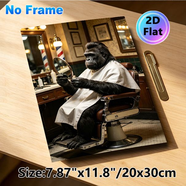 Gorilla At Barber Shop Painting Poster, Vintage-style Whimsical Gorilla In Barber Cape Holding Mirror Poster, Playful Decorative Accent For_maomaolike.com