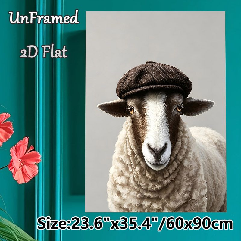 Stylish Sheep With Flat Cap Painting Poster, Realistic Gentle-looking Animal Poster, Unique Whimsical Design Ideal For Living Room, Bedroom Or_maomaolike.com