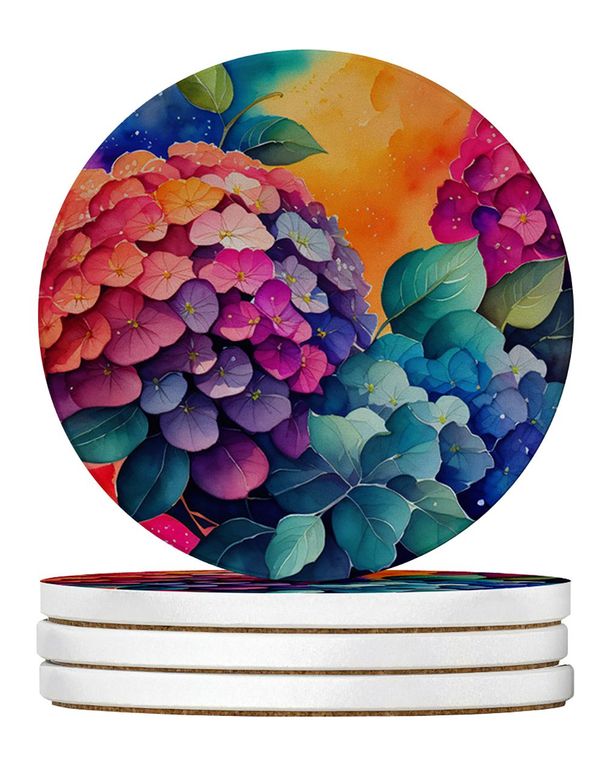 Colorful Hydrangeas Large Sandstone Coasters Pack Of 4 Absorbent Round Coasters Decor Gifts For Men Or Women, 4 In, Multicolor_maomaolike.com