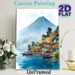 Lake Village Volcano Themed Painting Poster, Soft Watercolor Style Serene Lakeside Village & Volcano View Poster, Tranquil Natural Scenery Decor For_maomaolike.com