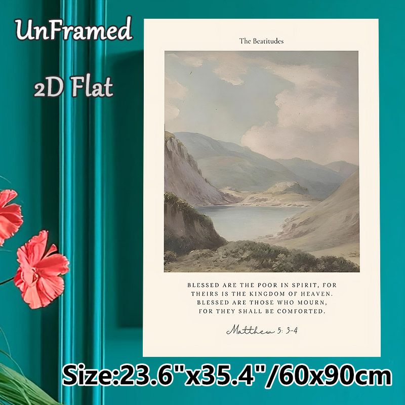 The Beatitudes Painting Poster, Soft-toned Vintage Mountain Lake Landscape Poster, Inspirational Bible Verse Print, Suitable For Living Room And Study_maomaolike.com