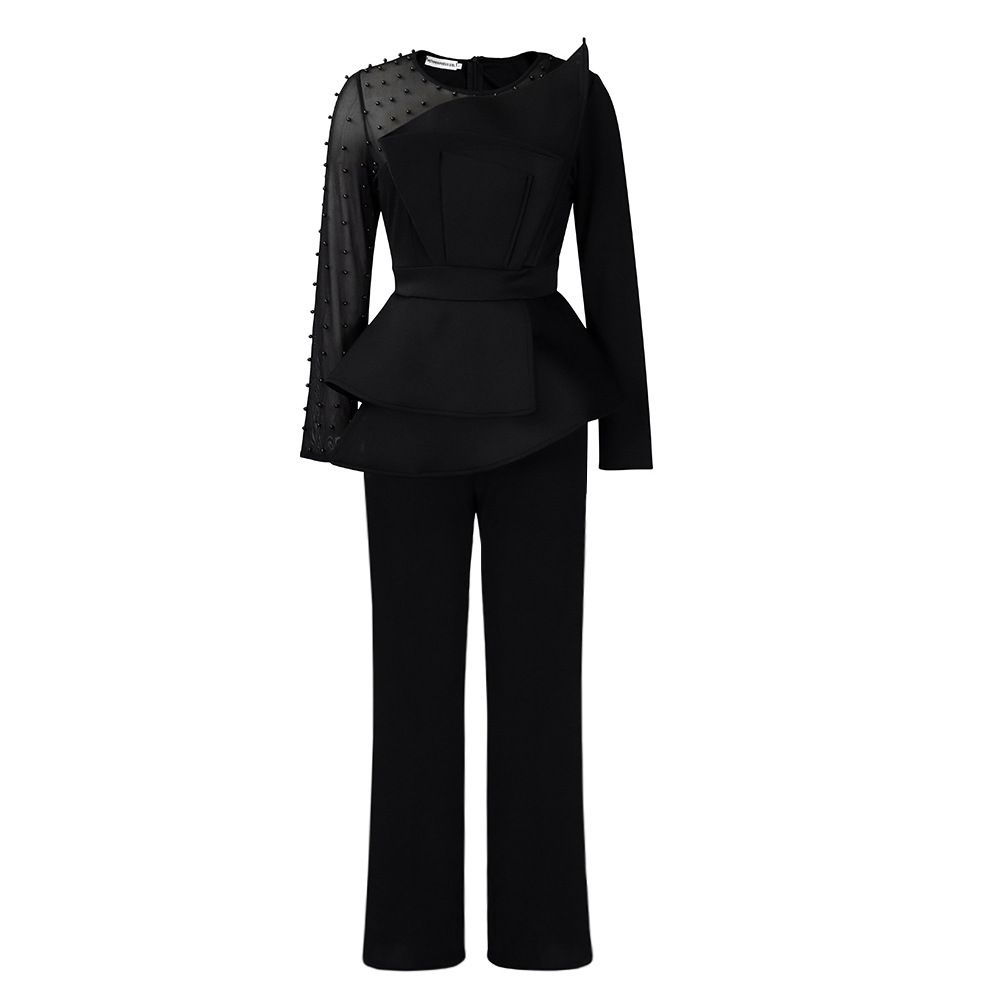 Women's Clothing long-sleeved temperament mesh stitching beading slimming banquet large size_maomaolike.com