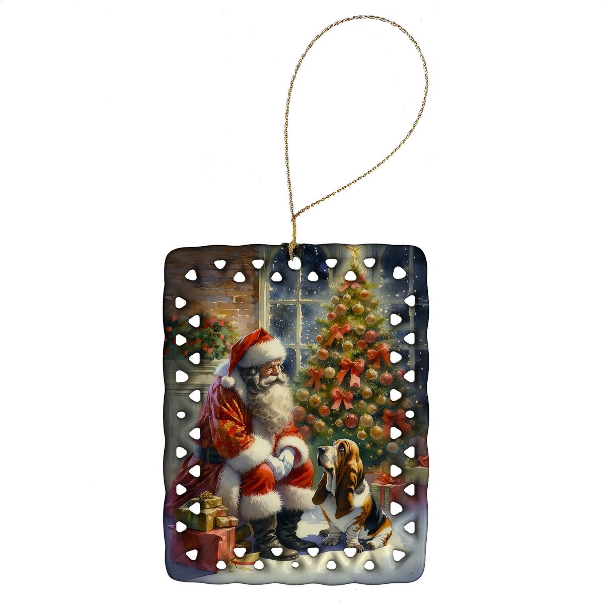 Basset Hound And Santa Claus Porcelain Ornament Christmas Tree Hanging Decorations For Home Christmas Holiday, Rectangle, Gift, Multicolor_maomaolike.com
