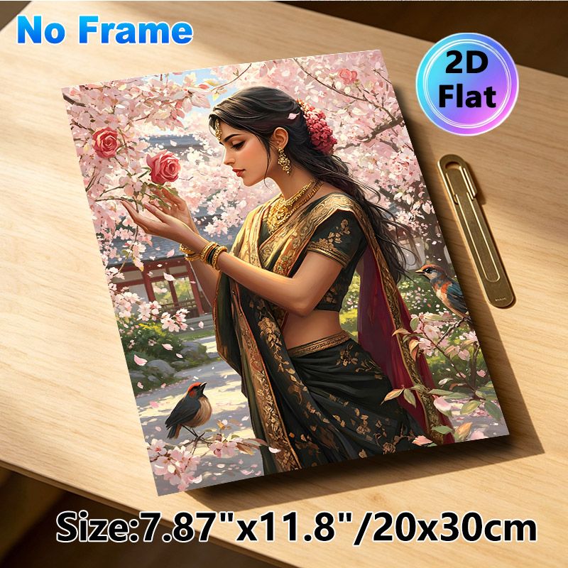 Traditional Indian Lady Painting Poster, Exquisite Vibrant Artistic Poster, Elegant Lady In Ornate Sari Among Blooming Cherry Blossoms And Birds_maomaolike.com