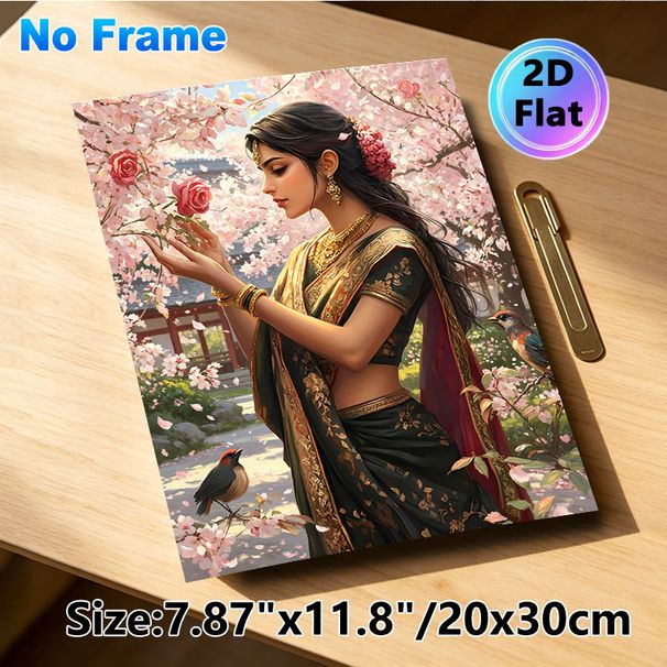 Traditional Indian Lady Painting Poster, Exquisite Vibrant Artistic Poster, Elegant Lady In Ornate Sari Among Blooming Cherry Blossoms And Birds_maomaolike.com