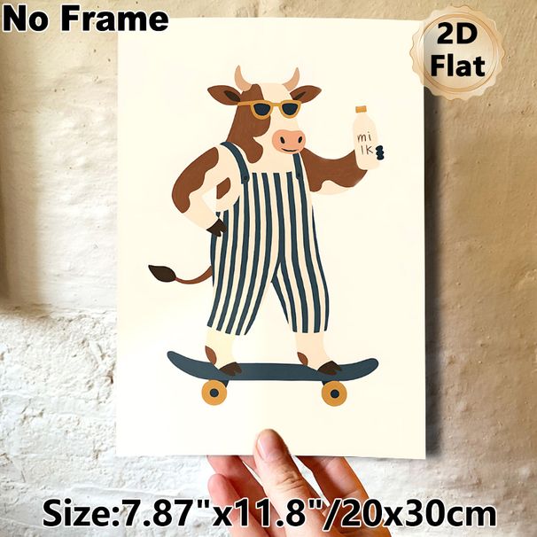 Cool Skateboarding Cow Painting Poster, Playful Cartoon Style Poster, Whimsical Design Of Cow In Overalls Holding Milk Bottle On Skateboard, Ideal For_maomaolike.com
