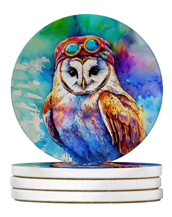 Hippie Animal Barn Owl Large Sandstone Coasters Pack Of 4 Absorbent Round Coasters Decor Gifts For Men Or Women, 4 In, Multicolor_maomaolike.com