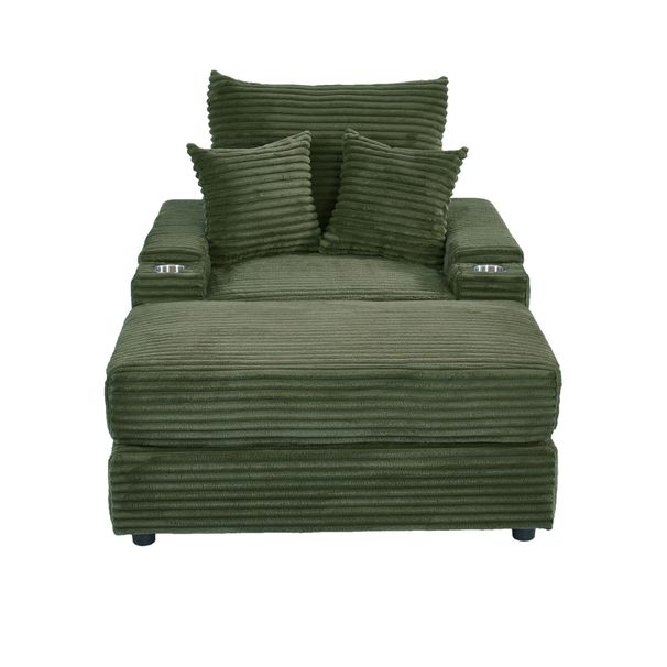 Spring Upholstered Armchair And Ottoman Set - Comfortable Single Sofa With Cup Holder , Corduroy Fabric And Storage, Perfect For Living Room Or Bedroom (Green)_maomaolike.com