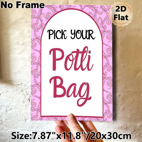 Potli Bag Themed Painting Poster, Pink Floral Patterned Border With Stylish Script Text Poster, Charming Decorative Sign Ideal For Festive Gatherings_maomaolike.com