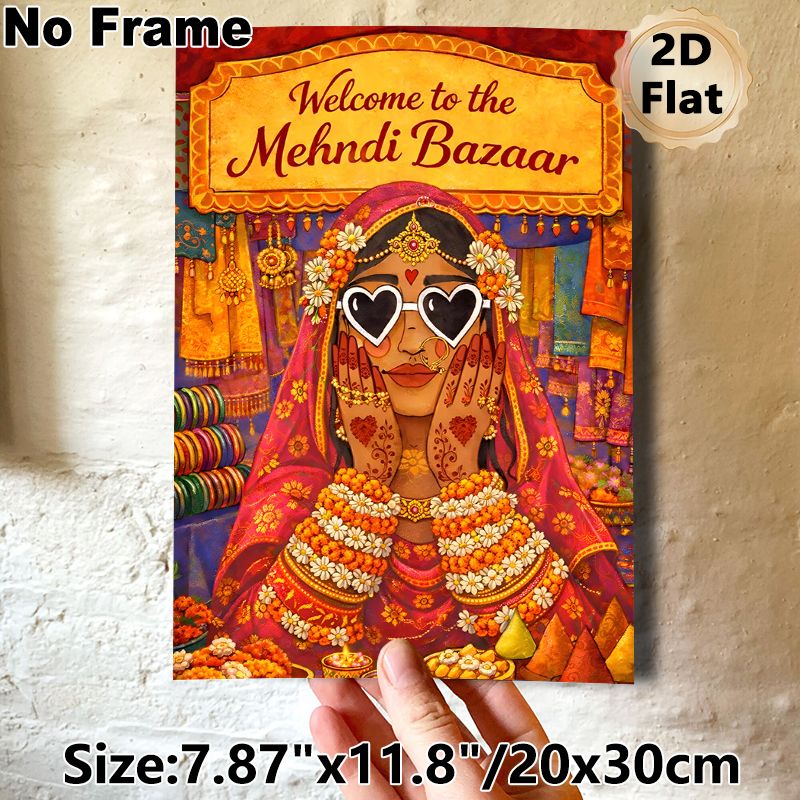 Mehndi Bazaar Themed Painting Poster, Colorful Traditional Indian Market Scene Poster, Rich Ethnic Cultural Design Ideal For Home Wall Decor, Festive_maomaolike.com
