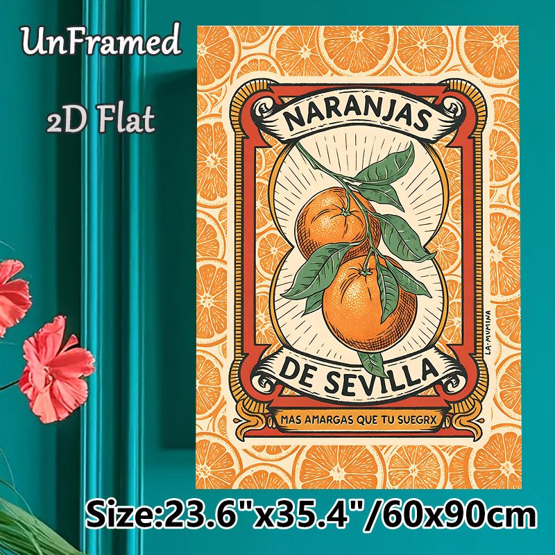 Orange Themed Painting Poster, Vintage Retro Label Style Citrus Poster, Vibrant Nostalgic Orange Branch Design, Ideal For Kitchen And Dining Room_maomaolike.com