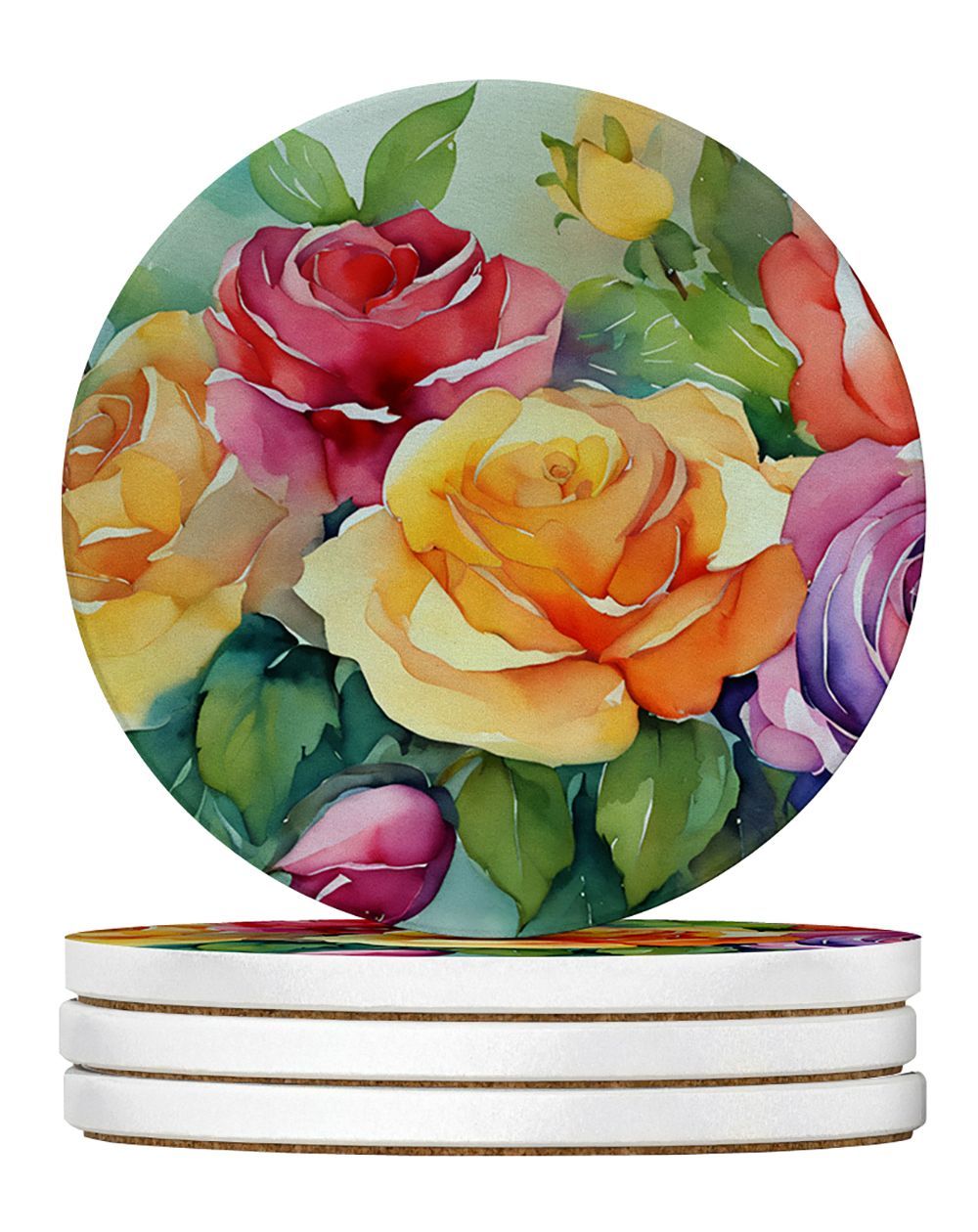 Roses In Watercolor Large Sandstone Coasters Pack Of 4 Absorbent Round Coasters Decor Gifts For Men Or Women, 4 In, Multicolor_maomaolike.com