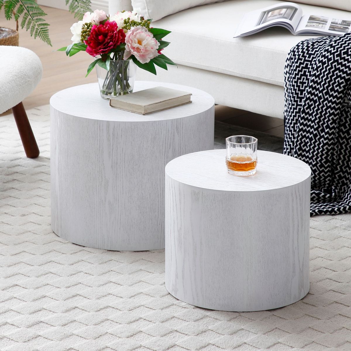 Round Coffee Table Set Of 2, Nesting Coffee Tables For MDF With Veneer .for Living Room,office,bedroom,Natural, 4Colors WHITE_maomaolike.com