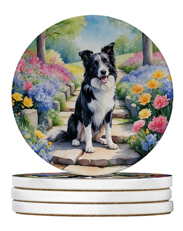Border Collie Spring Path Large Sandstone Coasters Pack Of 4 Absorbent Round Coasters Decor Gifts For Men Or Women, 4 In, Multicolor_maomaolike.com