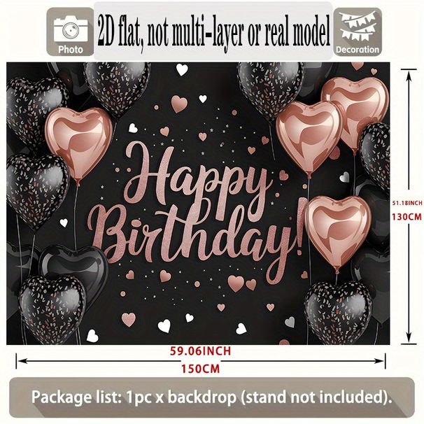 Happy Birthday Party Banner - 2D Flat Polyester Backdrop With Black Pink Balloons, Wall Hanging Photo Props, Party Decor_maomaolike.com