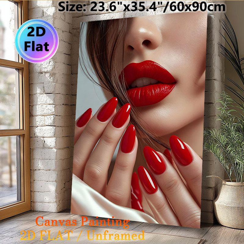 Red Lip & Nail Glam Painting Poster, Glossy Elegant Close-up Of Matching Red Lips And Manicure Poster, Stylish Glamorous Decor Suitable For Beauty_maomaolike.com