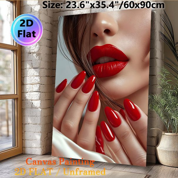 Red Lip & Nail Glam Painting Poster, Glossy Elegant Close-up Of Matching Red Lips And Manicure Poster, Stylish Glamorous Decor Suitable For Beauty_maomaolike.com