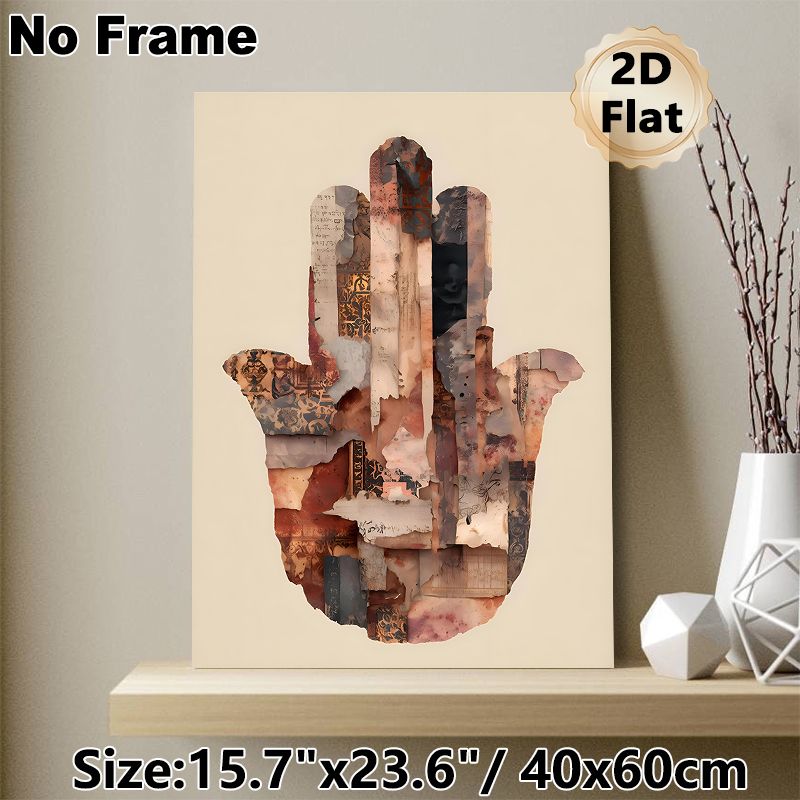 Hamsa Hand Themed Painting Poster, Vintage Collage Style Poster, Layered Aged Paper & Patterned Fragments Design, Unique Artistic Decor Ideal For_maomaolike.com