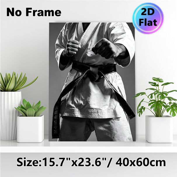 Karate Themed Painting Poster, Monochrome Black Belt Karate Practitioner Fist Stance Poster, Motivational Martial Arts Wall Art For Home Gym, Dojo_maomaolike.com