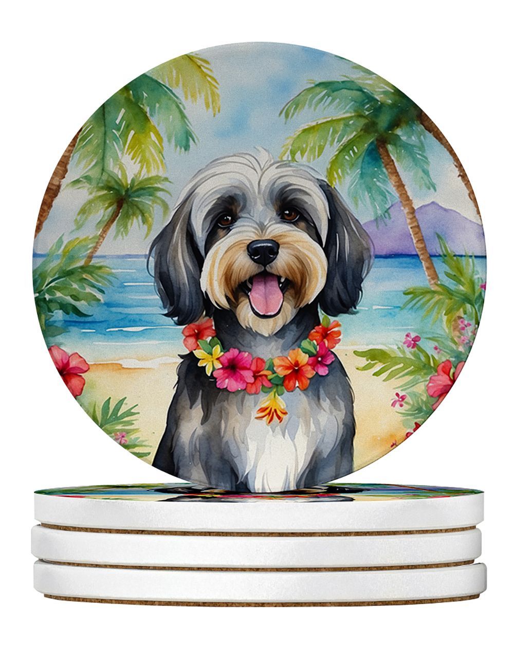 Tibetan Terrier Luau Large Sandstone Coasters Pack Of 4 Absorbent Round Coasters Decor Gifts For Men Or Women, 4 In, Multicolor_maomaolike.com
