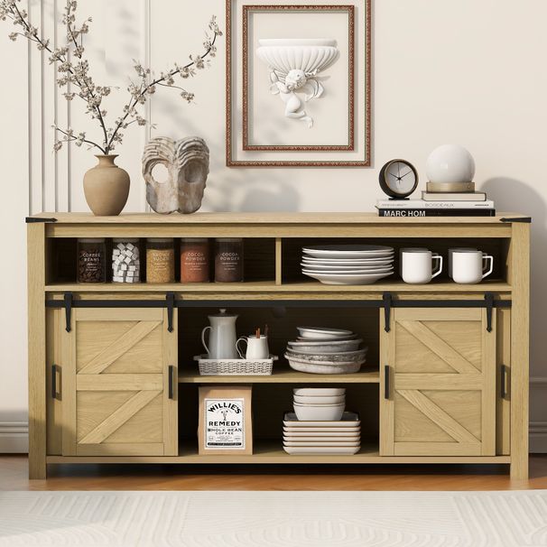 U-STYLE 59.3 Sideboard With Sliding Barn Door And Mesh Panels Farmhouse Buffet With Open Storage Suitable For Living Room Hallway Balcony Kitchen Office_maomaolike.com