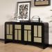 Rattan Sideboard Buffet Cabinet With Storage, 59'' Large Boho Storage Cabinet With 4 Doors And Adjustable Shelves, Black Wood Console Table For Kitchen, Entryway, Dining Room, Living Room_maomaolike.com