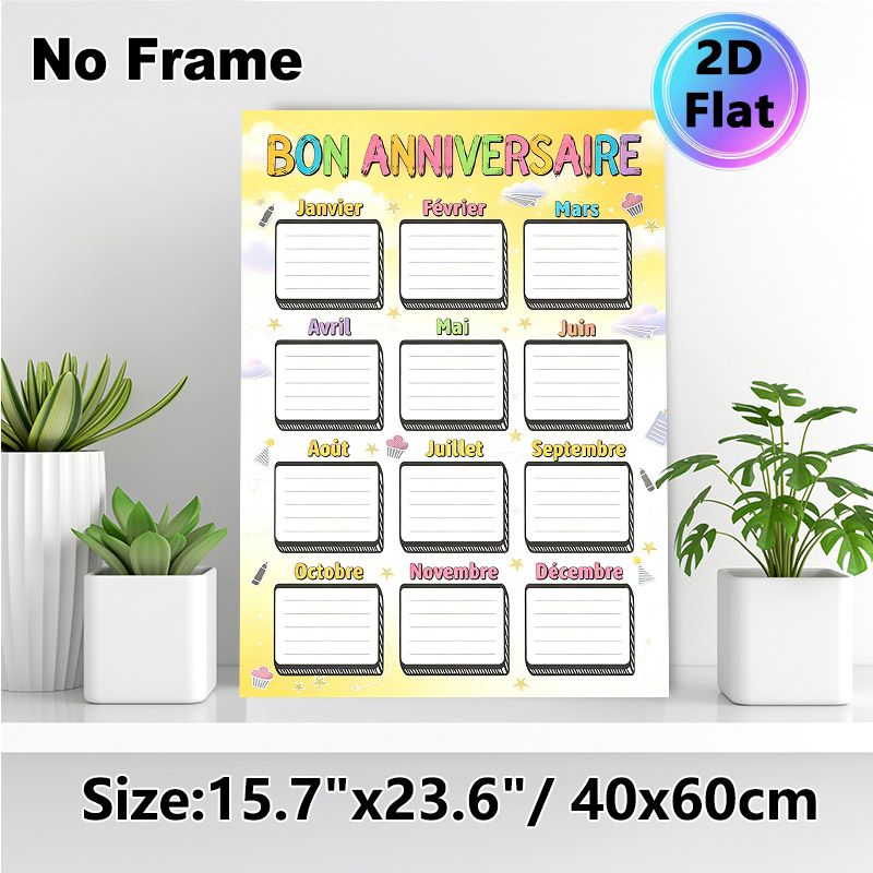 French Birthday Anniversary Tracking Chart Painting Poster, Colorful Cartoon-style Cheerful Poster, Functional To Record Monthly Birthdays, Suitable_maomaolike.com