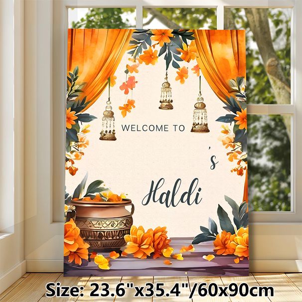 Haldi Ceremony Welcome Painting Poster, Warm Orange Floral & Traditional Motif Watercolor Poster, Festive Welcome Decor Ideal For Haldi Ceremony And_maomaolike.com