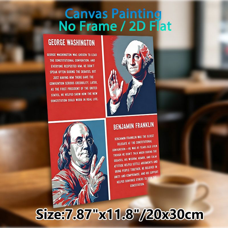 US Founding Fathers Painting Poster, Vibrant Retro-style George Washington & Benjamin Franklin Portrait Poster, Informative Historical Content Ideal_maomaolike.com