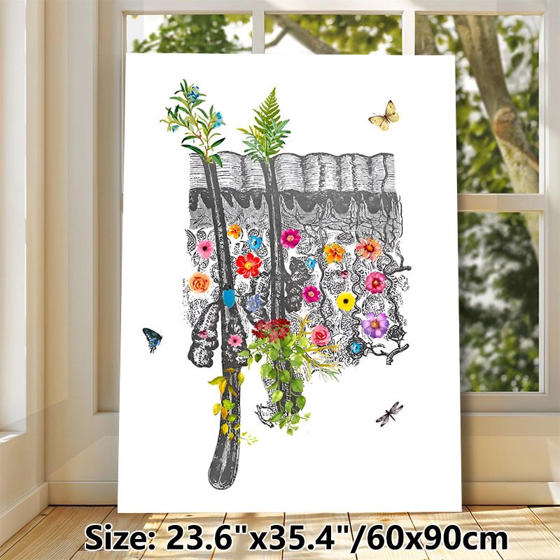Floral Human Spine Painting Poster, Vibrant Mixed-media Style Poster, Features Colorful Flowers, Plants And Insects On Sketched Spine, Artistic Decor_maomaolike.com