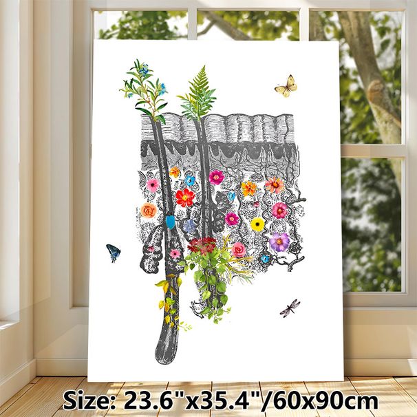 Floral Human Spine Painting Poster, Vibrant Mixed-media Style Poster, Features Colorful Flowers, Plants And Insects On Sketched Spine, Artistic Decor_maomaolike.com