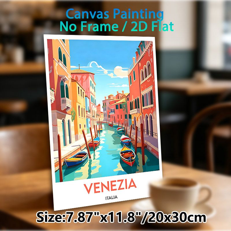 Venice Canal Themed Painting Poster, Vibrant Flat-style Colorful Waterway With Boats & Mediterranean Buildings Poster, Brings Warm Travel-inspired_maomaolike.com