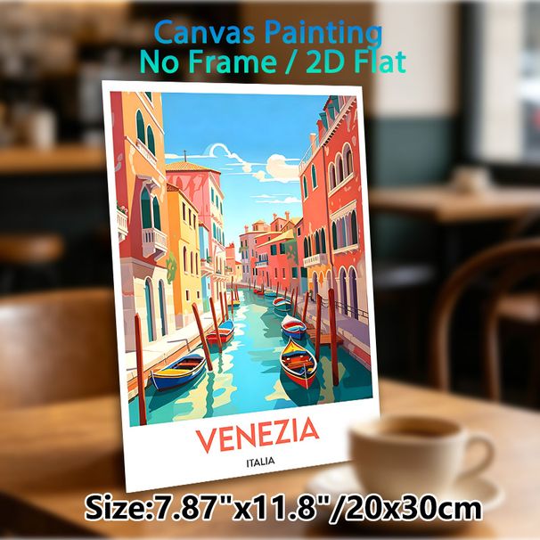 Venice Canal Themed Painting Poster, Vibrant Flat-style Colorful Waterway With Boats & Mediterranean Buildings Poster, Brings Warm Travel-inspired_maomaolike.com