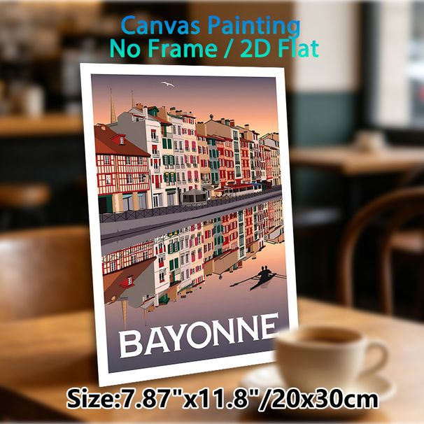 Bayonne Riverside Cityscape Painting Poster, Vintage Pastel-hued Town With Water Reflection Poster, Tranquil Urban Scenery Ideal For Living Room_maomaolike.com